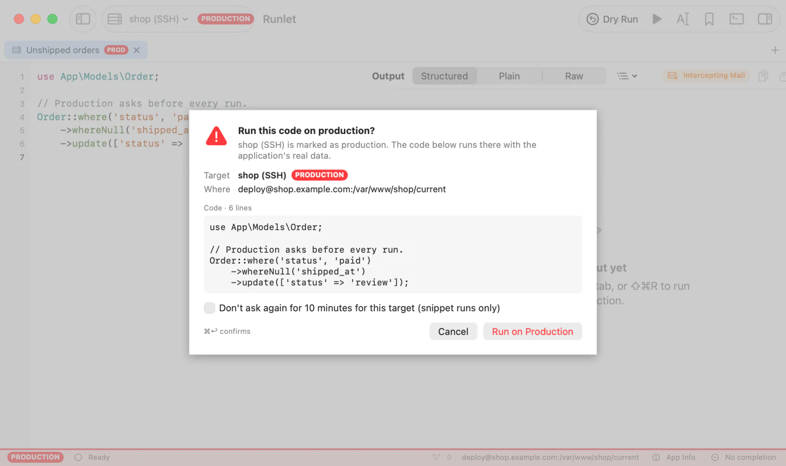 The Run this code on production? sheet for the shop target: the target and where it runs, the code, the 10-minute checkbox, and Cancel and Run on Production