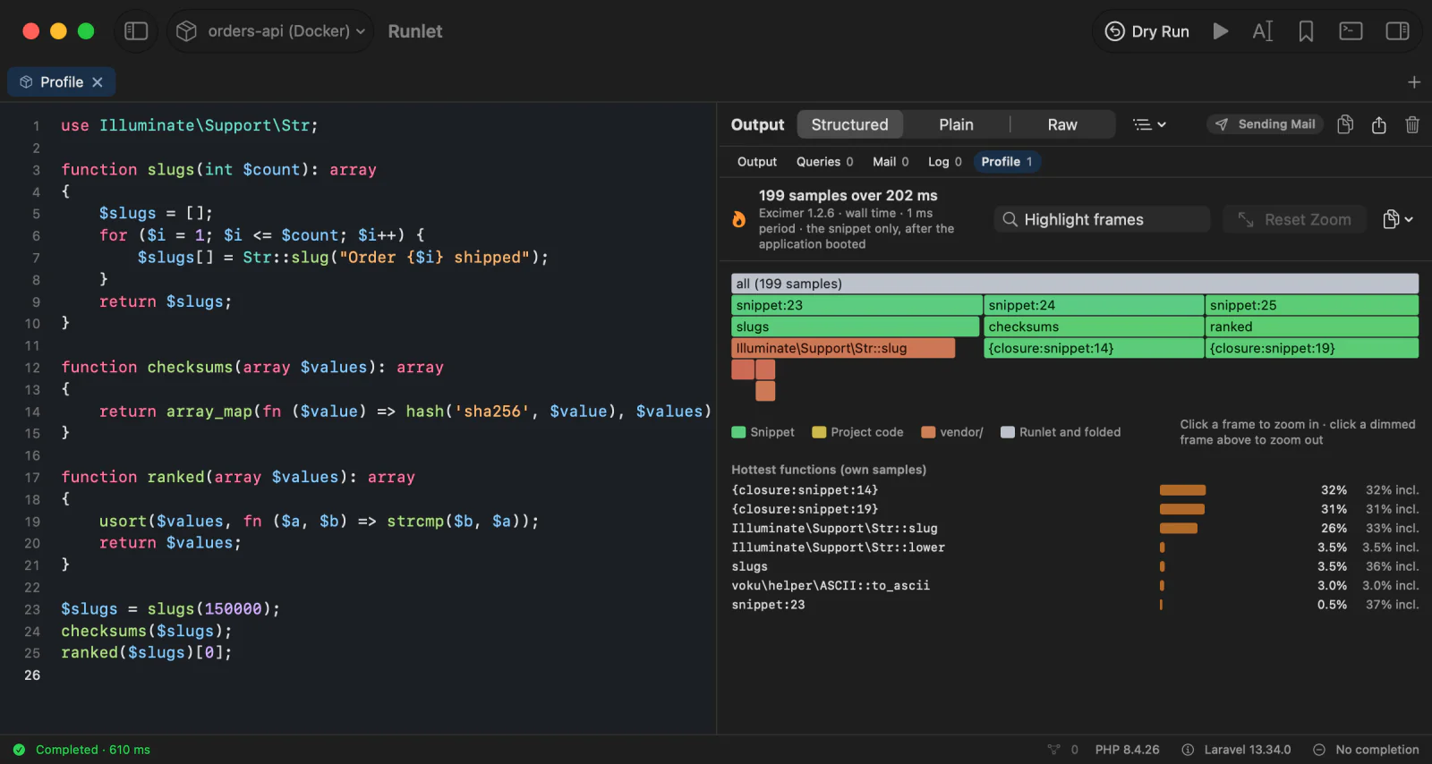 The Profile section after Profile Run: the flame graph of a snippet's functions, with Laravel's Str::slug in vendor code, and the hottest functions