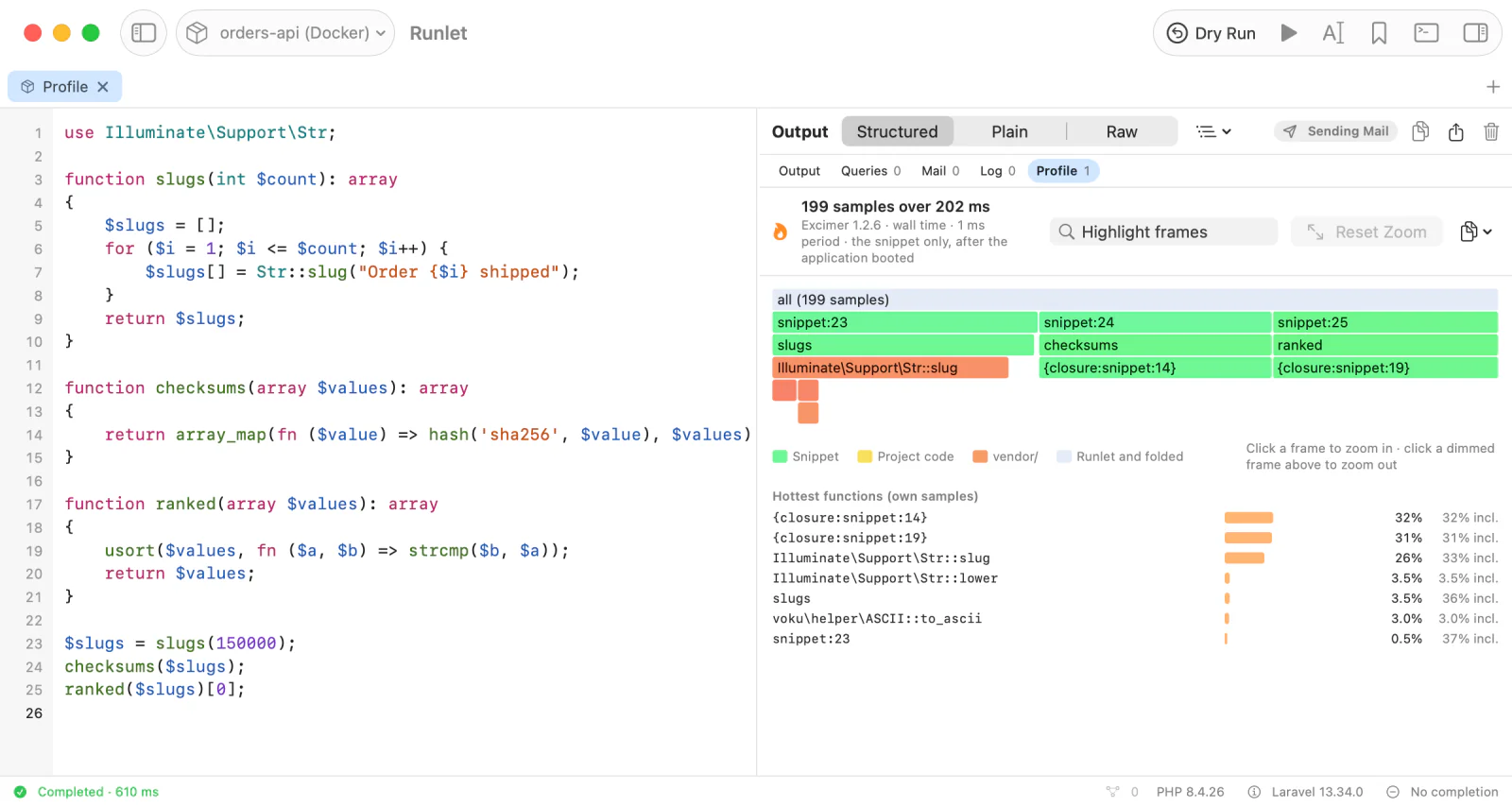 The Profile section after Profile Run: the flame graph of a snippet's functions, with Laravel's Str::slug in vendor code, and the hottest functions