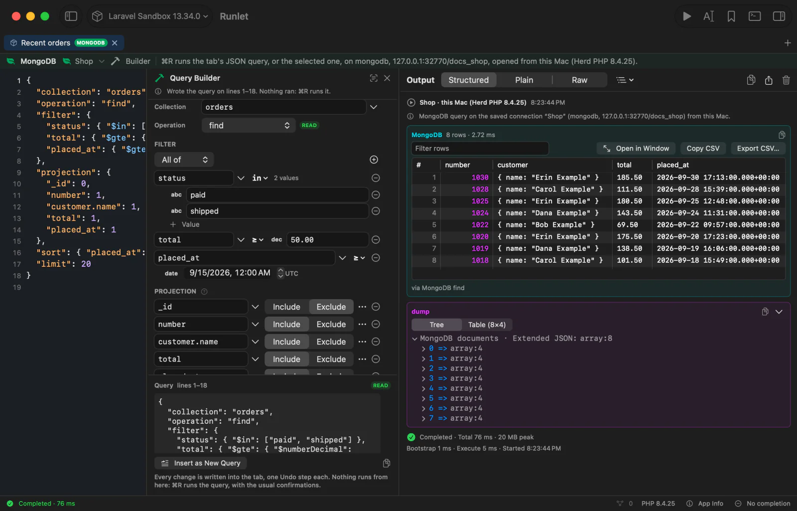 The Query Builder beside a find query: an All of group with three rules, one of them a date, the projection, and the query's result