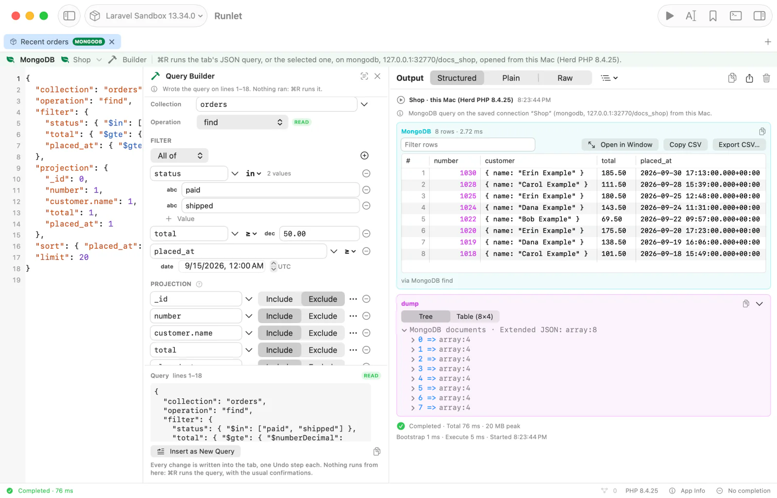 The Query Builder beside a find query: an All of group with three rules, one of them a date, the projection, and the query's result