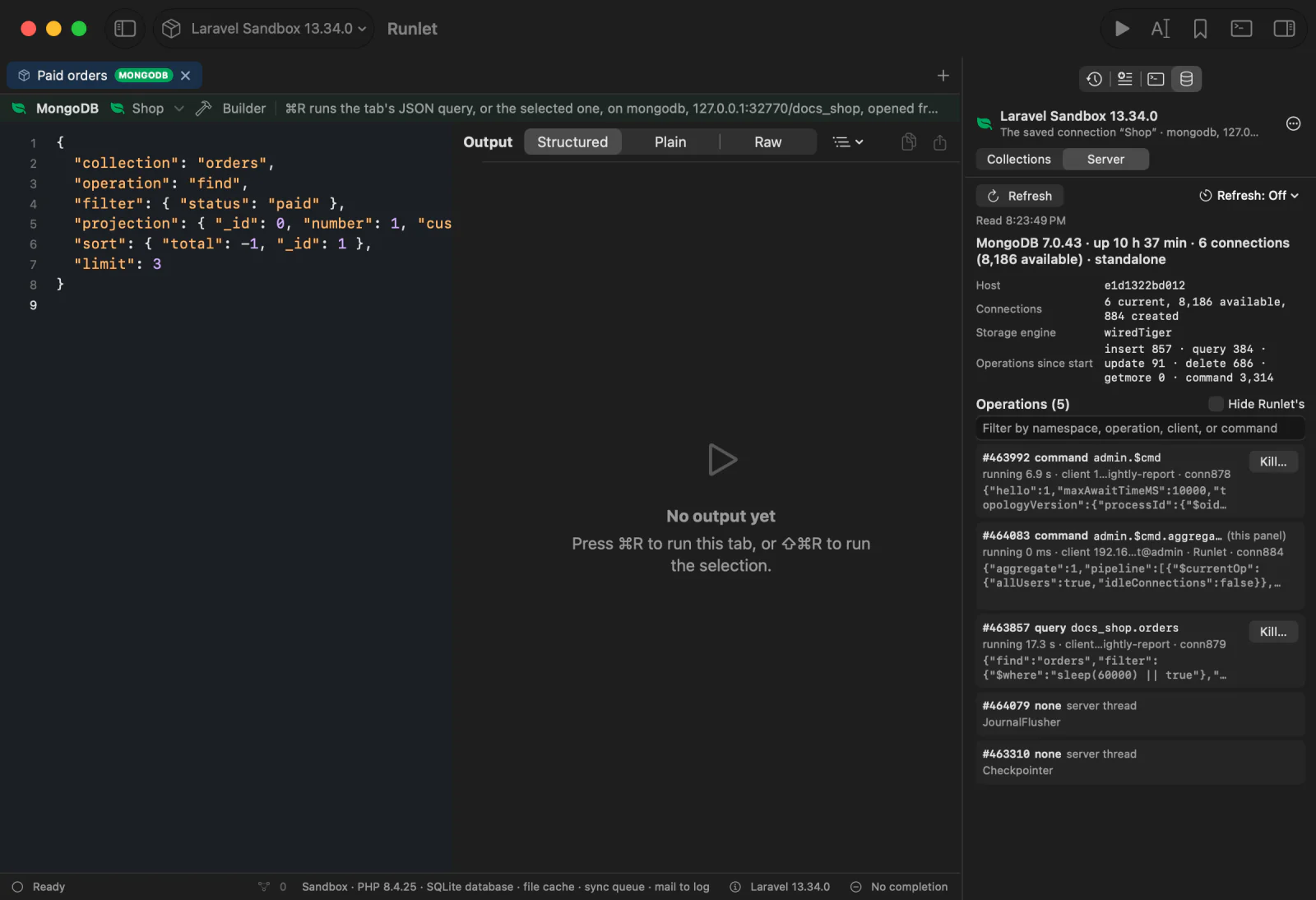 The Server section: the server's summary and its operations, a running query with its Kill… button, the pane's own read, and server threads