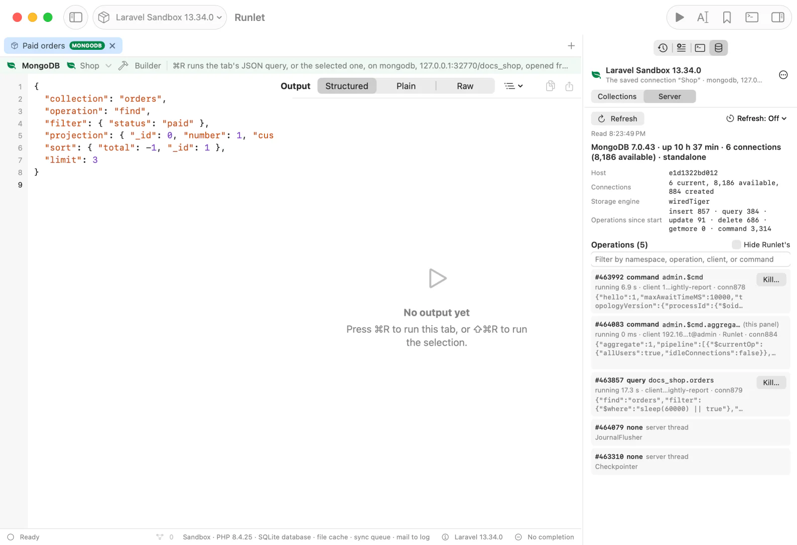 The Server section: the server's summary and its operations, a running query with its Kill… button, the pane's own read, and server threads