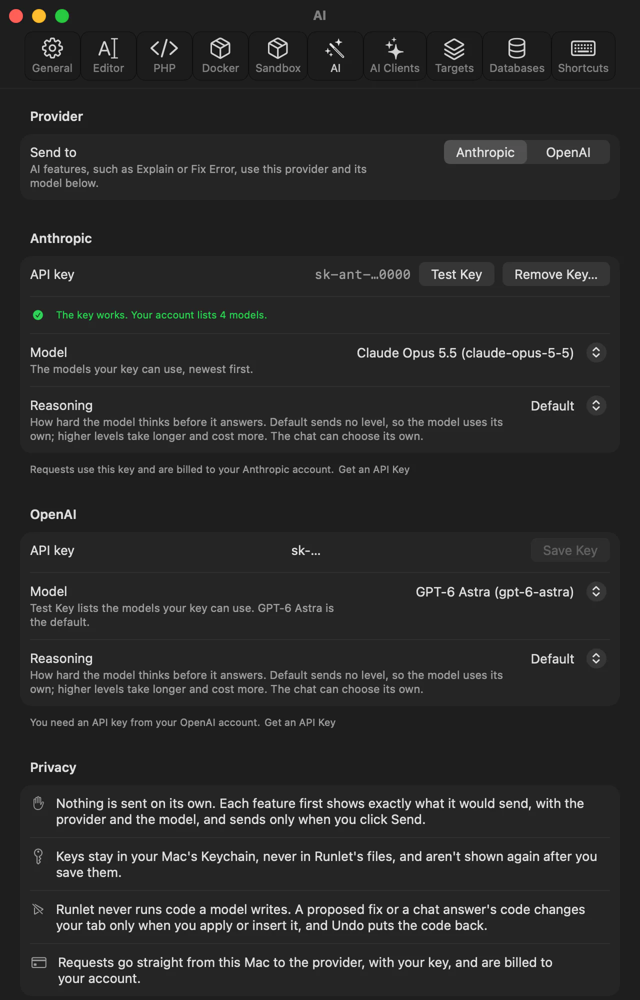 Settings ▸ AI with a saved Anthropic key shown masked, a note that the key works, the model and reasoning level for each provider, and the privacy rules