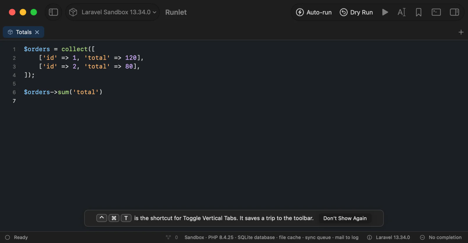 A shortcut tip above the status bar, after a click on the tab layout button: ⌃⌘T is the shortcut for Toggle Vertical Tabs, with Don't Show Again