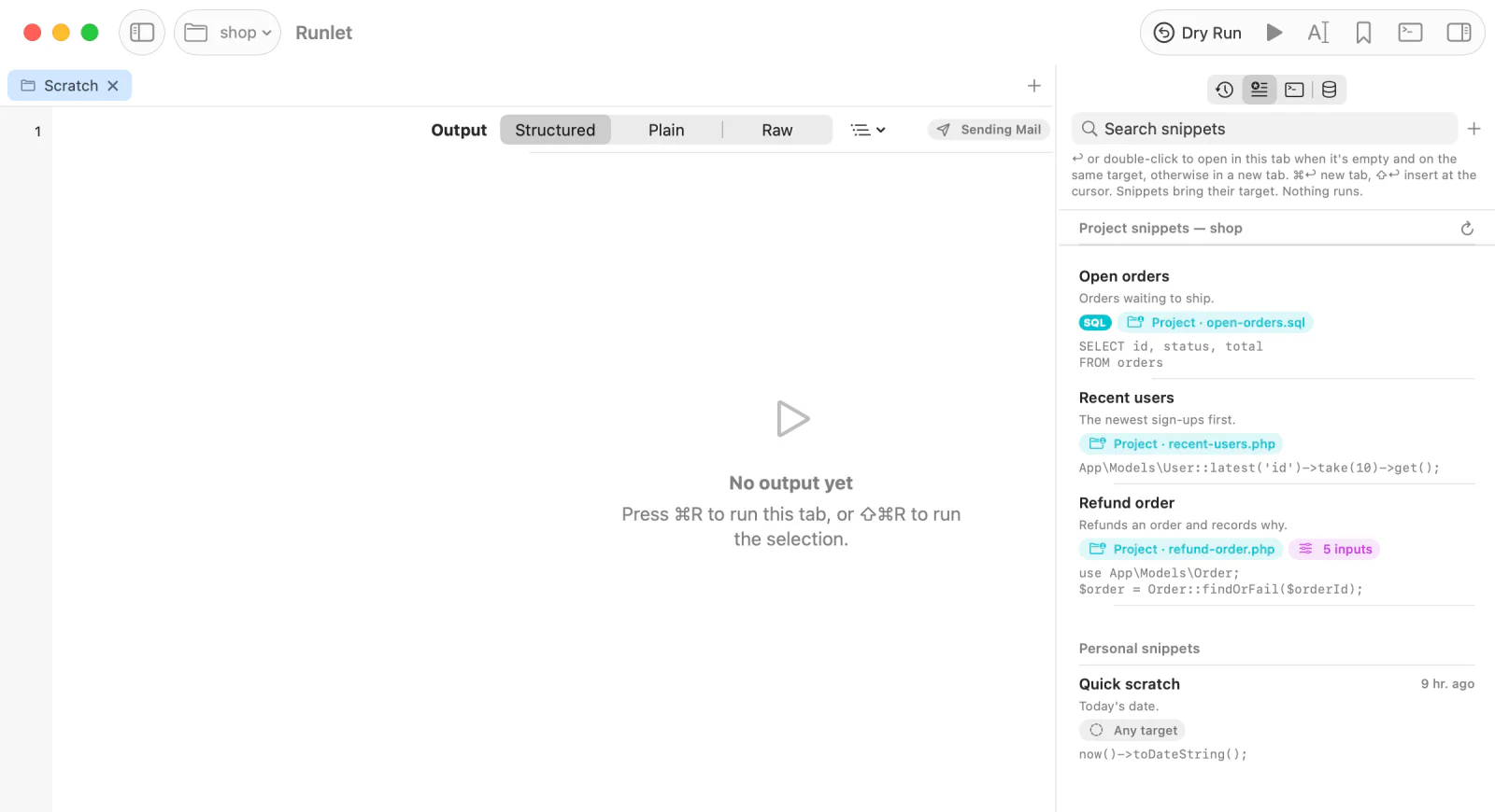 The Snippets panel with the shop project's snippets above personal snippets, an SQL badge on Open orders, and a 5 inputs badge on Refund order