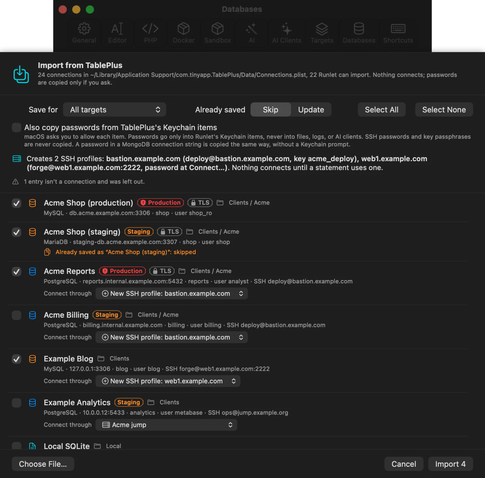 The Import from TablePlus sheet with a few connections selected, an already saved one skipped, new SSH profiles for the connections over SSH, and the Save for, Already saved, and password options
