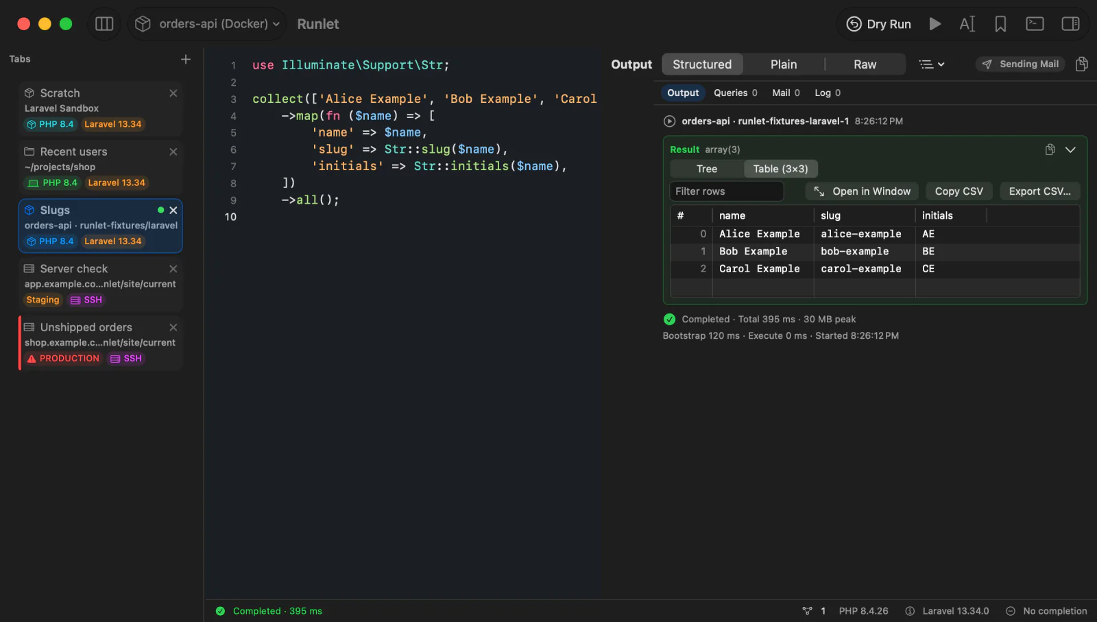 The Runlet window with vertical tabs on several targets: the Laravel Sandbox, a local project, a Docker container, and two SSH servers, one marked production; the selected tab's Laravel snippet ran in the container