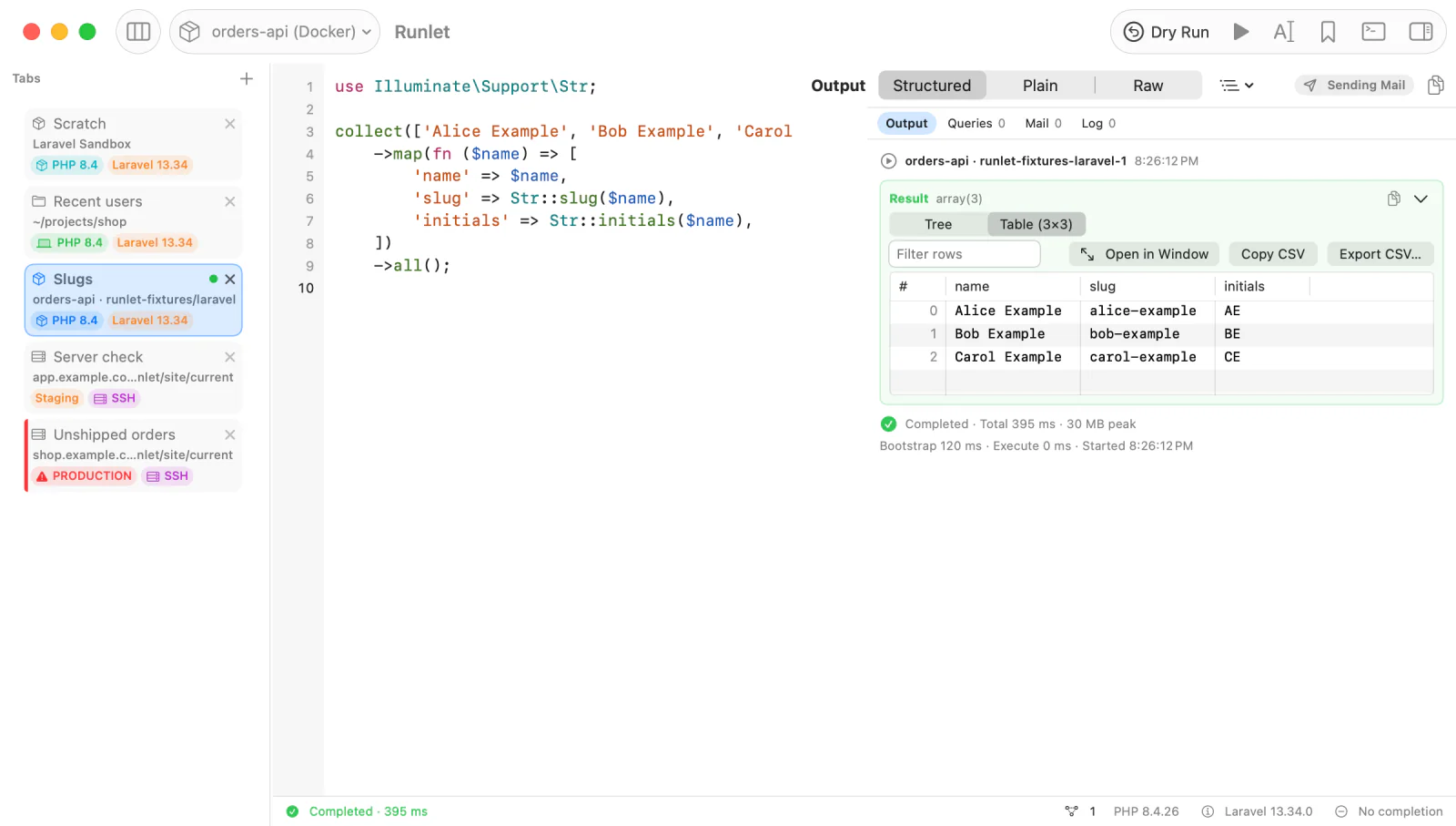 The Runlet window with vertical tabs on several targets: the Laravel Sandbox, a local project, a Docker container, and two SSH servers, one marked production; the selected tab's Laravel snippet ran in the container